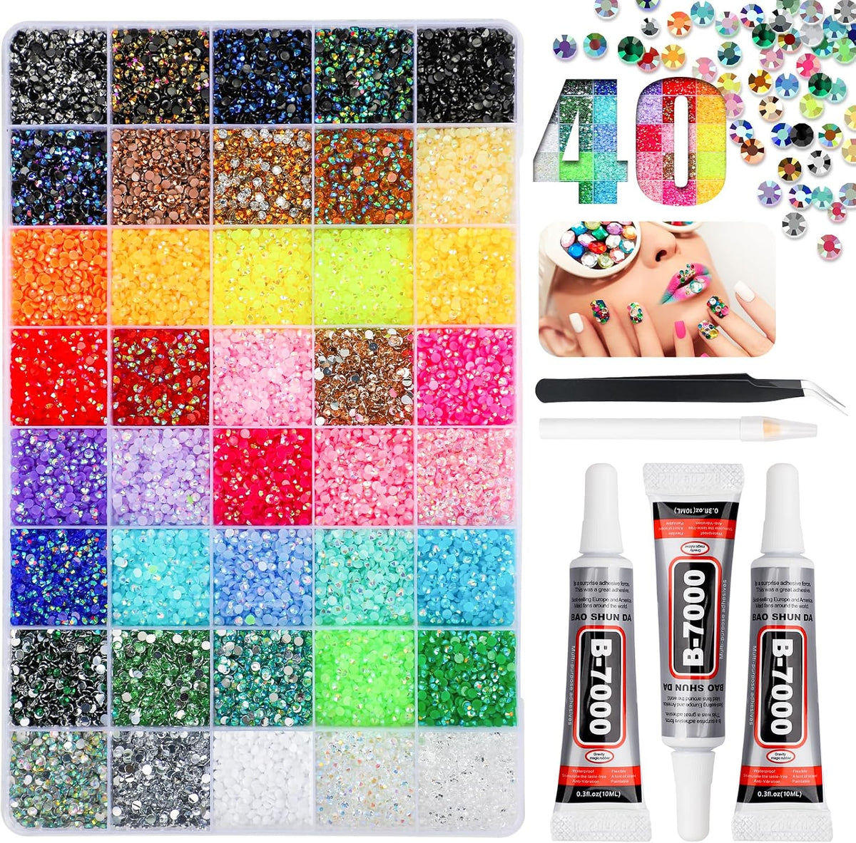 Bedazzling Kit with 50000Pcs Rhinestones, Jelly Rhinestones for Bedazzling, 40 Colors 3Mm Resin Flatback Gems with 3Pcs 10Ml B7000 Glue, Tweezers & Pickup Pen for Crafting Tumblers Book Nail Art